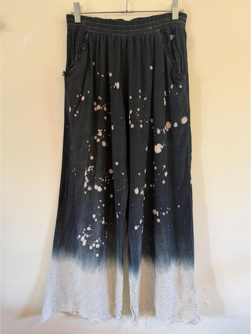 Umgee Linen Rayon Wide Leg Bleach Washed Boho Crop Pants
